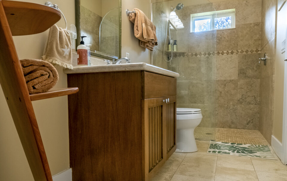 Modern bathroom with wooden accents and shower.